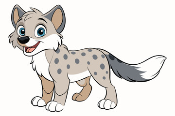 Smiling cartoon hyena stands with a spotted coat and gray tail on a transparent background