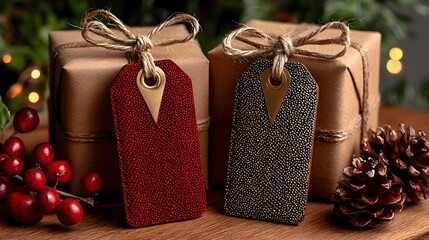 Beautifully wrapped gifts with decorative tags and festive holly