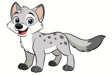 Joyful cartoon wolf with gray fur and blue eyes stands cheerfully on white