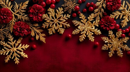 Luxurious Christmas background with gold snowflakes and red flowers