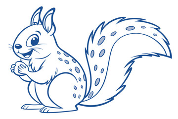 Happy outlined squirrel holds its nut, gazing contentedly to the left, isolated on white