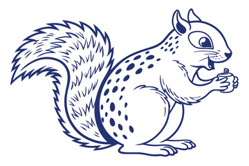 Smiling squirrel outline art holding a container with care showcases its fluffy tail on white