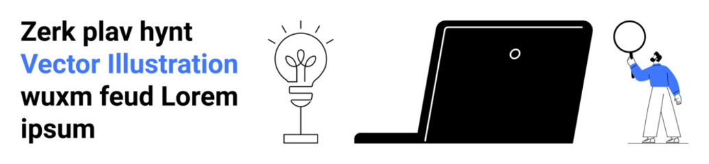 Lightbulb representing ideas, open laptop for technology, person holding balloon for creativity. Ideal for innovation, brainstorming, remote work, presentations, teamwork, education simple landing