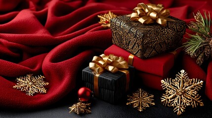 Luxurious Christmas gifts wrapped in red and black with gold bows