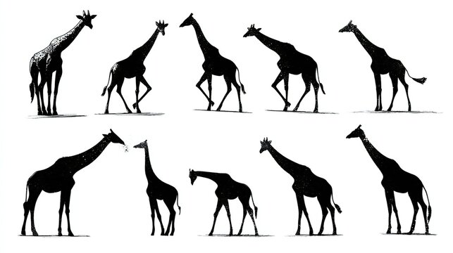 Silhouette of giraffes walking and standing in black and white minimalist   illustration set for wildlife design
