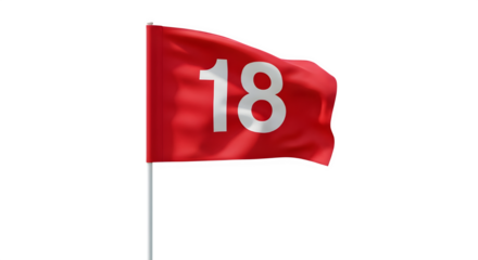 Red waving golf flag number 18 isolated on transparent background