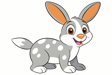 Smiling grey cartoon rabbit with white spots is standing happily against a transparent background