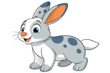 Smiling cartoon rabbit with gray spots stands with a cheerful expression on transparent background