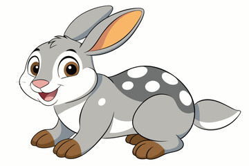 Happy cartoon rabbit with gray fur and white spots smiles brightly on white