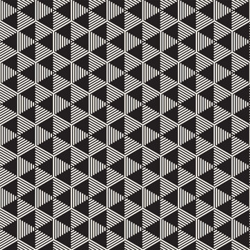 Vector seamless pattern. Black and white geometric pattern of interlocking triangles. Each triangle is filled with parallel lines, creating a modern, dynamic visual effect.