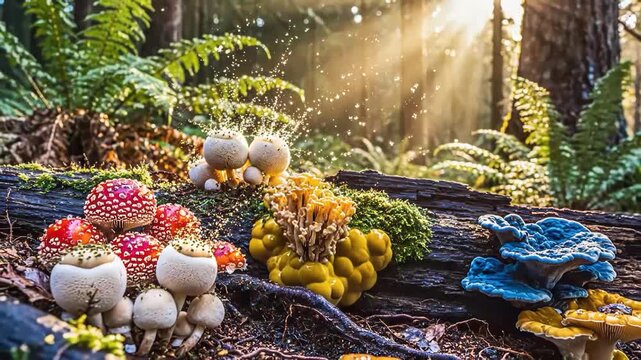 Assortment of colorful mushrooms growing on mossy log in forest