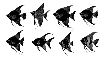 Fototapeta premium Black and white angelfish swimming isolated on white background minimalist aquatic pet art illustration 