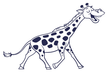 Happily walking giraffe shows its teeth in this cute cartoon outline on transparent background