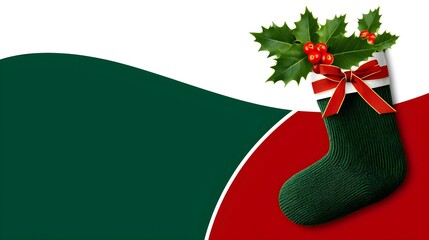 Vibrant Christmas stocking with holly and red bow on colorful background