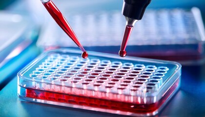 close up of laboratory pipette dispensing red liquid into microplate well for scientific research and analysis