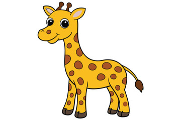 Smiling cartoon giraffe with brown spots stands isolated on a transparent background
