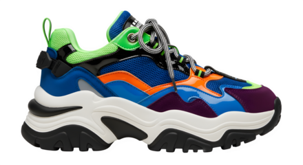 Chunky colorful athletic sneaker with thick white and black sole, isolated on transparent background