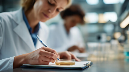 Faceless researchers taking notes with petri dish heavily defocused laboratory background anonymous scientists documenting findings microbiological research setup scientific