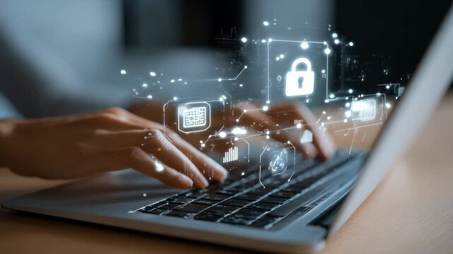 User interacting with a laptop displaying encrypted esignature software interface emphasizing compliance and secure electronic authorization process.