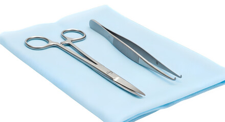 Surgical scissors and forceps on light blue medical drape isolated on transparent background