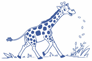 Spotted giraffe cartoon character is walking and eating leaves outlined in dark blue with transparent background