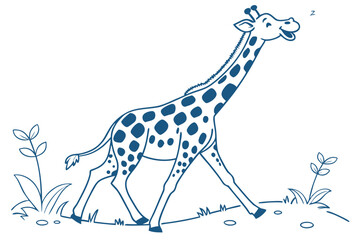 Sleeping giraffe with spots calmly walks through a grassy field outlined in blue