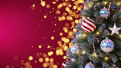 A festive Christmas tree with red and gold ornaments, baubles, and seasonal decorations on green fir branches celebrates the merry holiday winter season