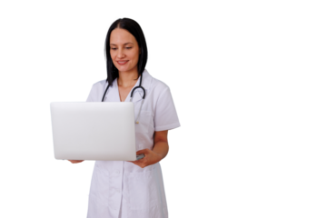 Female doctor using laptop for telemedicine consultation, offering digital healthcare services, transparent background