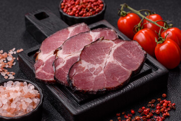 Meat, smoked ham, or pork sausage sliced for breakfast sandwiches. Sliced ham