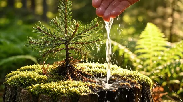 Hand gently watering a small pine seedling growing on a mossy tree stump