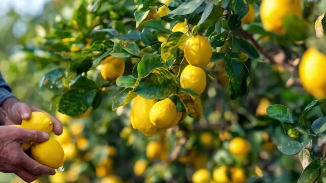 Hands efficiently harvest abundant ripe lemons in a sunlit grove emphasizing organized picking techniques and the groves dense fruit yield.