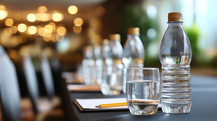 Plastic water bottles drinking glasses with pencil and papers setup on table heavily defocused hotel conference room background prepared for seminar or business meeting event