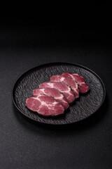 Meat, smoked ham, or pork sausage sliced for breakfast sandwiches. Sliced ham