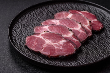 Meat, smoked ham, or pork sausage sliced for breakfast sandwiches. Sliced ham