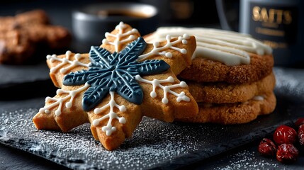 Delicious snowflake cookies with icing on a black slate plate