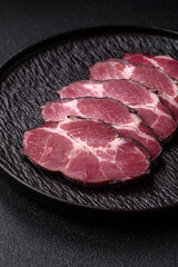 Meat, smoked ham, or pork sausage sliced for breakfast sandwiches. Sliced ham