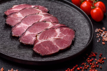 Meat, smoked ham, or pork sausage sliced for breakfast sandwiches. Sliced ham