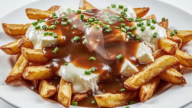 Top down shot of a delicious poutine dish on a white plate