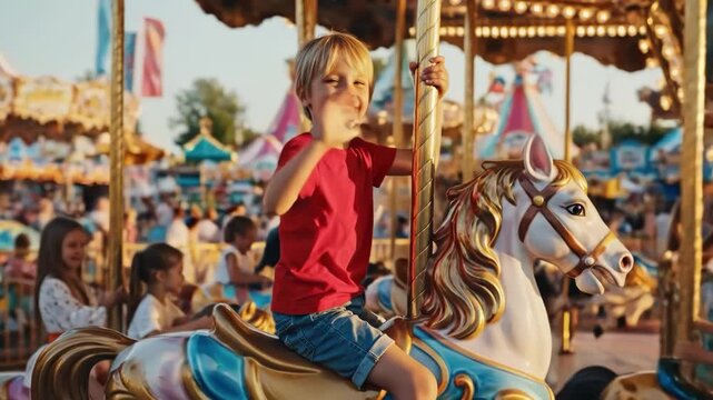 Smiling young boy waving while riding a carousel horse at an amusement park
