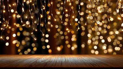Warm and cozy wooden table with twinkling string lights background