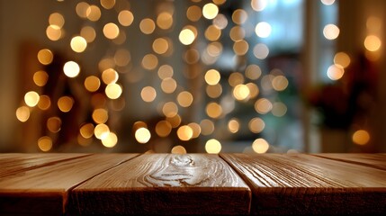 Cozy wooden table with warm glowing lights in background