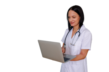 Female doctor in a lab coat and stethoscope holding and operating a laptop. She is using technology for medical consultations. Transparent background