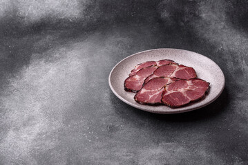 Meat, smoked ham, or pork sausage sliced for breakfast sandwiches. Sliced ham