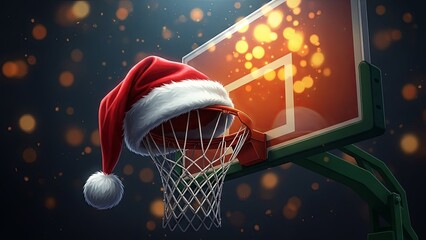 Fototapeta premium Santa hat on basketball hoop with festive lights. Christmas sports holiday theme for greeting card and seasonal advertisement.