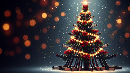 Obraz premium Christmas tree made of hockey stick with lights and bows. Holiday season, sports, winter spirit, festive decoration for greeting card.
