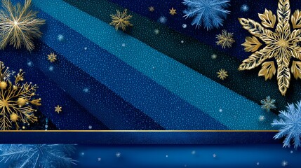 Winter wonderland scene with gold and blue snowflakes on dark background