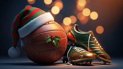 Christmas soccer ball with elf hat and football boots for a holiday sports gift or winter season game announcement