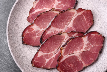 Meat, smoked ham, or pork sausage sliced for breakfast sandwiches. Sliced ham