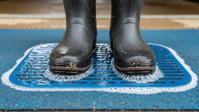 Worker disinfecting muddy rubber boots on a sanitizing mat. Farm biosecurity and industrial hygiene for disease prevention