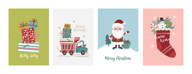 Vector set of Christmas cards with Santa in a truck, boxes with gifts and a Christmas sock.